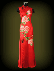 Red silk with black capped cheongsam dress SQE120