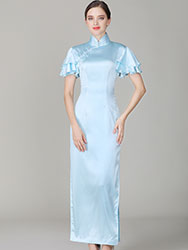 Light-blue cheongsam with Soft Chiffon frills Sleeves