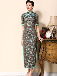 Brown cheongsam dress with blue wide edge