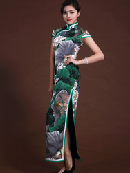 Pure silk satin cheongsam with lotus