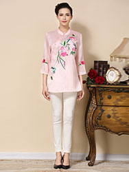 Pink satin Chinese blouse  with flowers embroidery