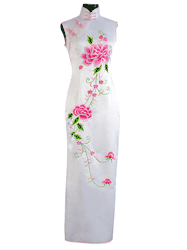 White silk sleeveless embroidery cheongsam dress SQE122 