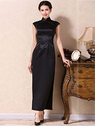 Black silk long cheongsam dress