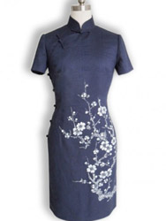 Dark blue cotton with plum painted cheongsam SQH40