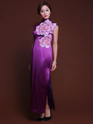 Handpainted peonies light purple silk cheongsam 