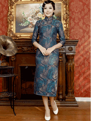 Dark blue long cheongsam with peacock tails