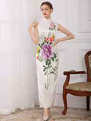 Handpainted peonies white cheongsam dress 