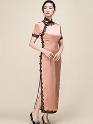 Silk satin with lace piping  long qipao dress