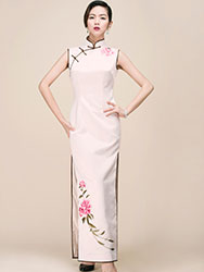 Pink silk with embroidery long qipao dress