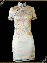 White  floral pattern silk satin cheongsam 01