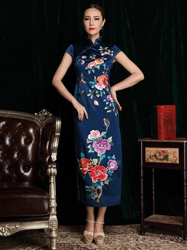 Navy blue silk Embroidery cheongsam SQE02
