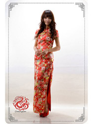 Red peony brocade cheongsam dress