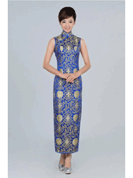 Royal blue with golden rich flower silk brocade sleeveless cheongsam dress SCT239 