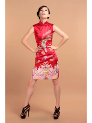 Red silk with phoenix embroidery cheongsam dress