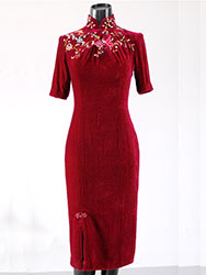 Wine red velour qipao with embroidery