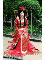 Name: red satin with rich flower brocade Chinese hanfu dress