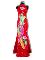 Red dragon silk brocade with phoenix embroidery dress SQE155