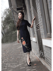 Blue embroidery cheongsam dress SQE127