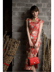 Red peony & phoenix brocade long cheongsam