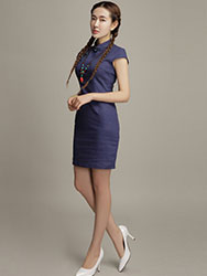 Blue cotton short qipao dress