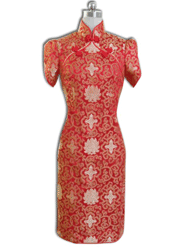 Red silk brocade short sleeves cheongsam dress SCT222