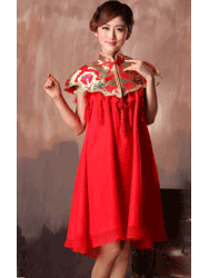 Red chiffon short dress with YunJin brocade waistcoat