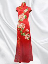 Red silk capped sleeves embroidery cheongsam dress