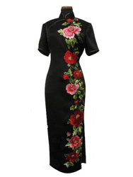 Black silk with peony embroidery cheongsam dress SQE115
