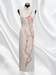 White silk with plum embroidery cheongsam SQE111