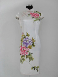 Ivory silk with peony painted cheongsam SQH38