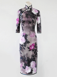 Smoke gray cheongsam with peonies