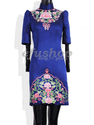 Blue silk brocade with embroidery Chinese cheongsam dress SQE124