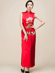 Red lotus embroidery cheongsam long dress