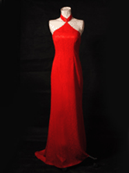 Halter-style bright red lace dress.