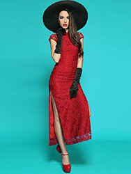 Wine red lace long qipao dress