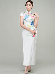 White cheongsam dress with colorful peonies embroidery