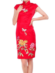 Red silk brocade with peony and butterfly embroidery qipao SQE132