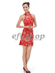 Red with gold phoenix tail brocade halter cheongsam dress SCT254