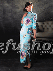 Pinkish blue floral pure silk long sleeve cheongsam dress 