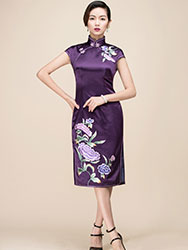 Purple silk with peony embroidery  qipao dress