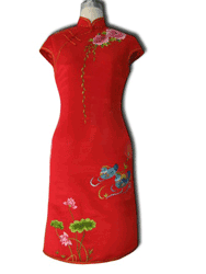Red silk brocade capped cheongsam dress SQE144