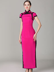 Rose red cheongsam with black lace edge