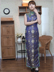 Royal blue rich flower cheongsam dress