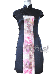 Black silk with peony doupion silk cheongsam dress scs53