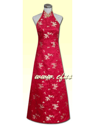 Red silk brocade halter style A line dress SCT140