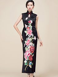 Black embroidery long cheongsam dress