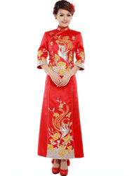 Red silk brocade with embroidery cheongsam suit WDH50