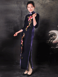 Violet velvet embroidered long cheongsam