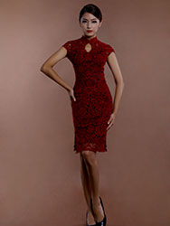 Wine red lace short cheongsam