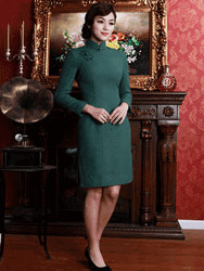 Green wool short qipao